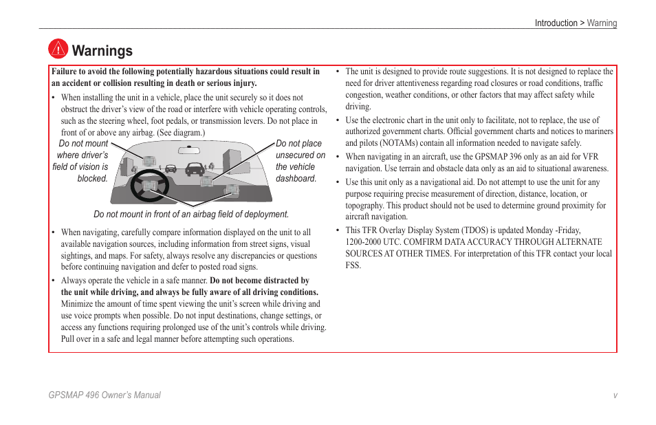 Warnings | Garmin GPSMAP 496 User Manual | Page 7 / 194