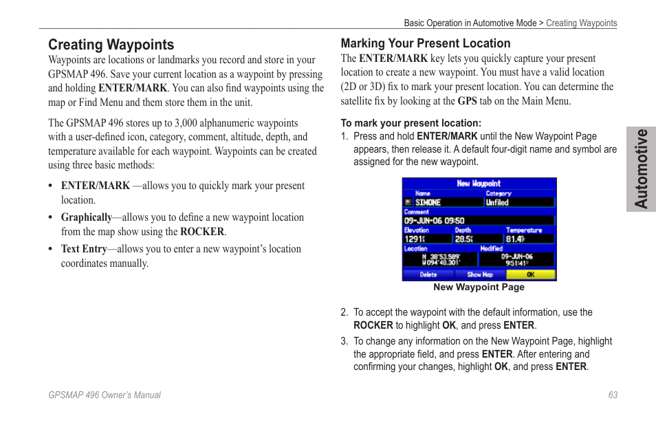 Creating waypoints, Automotive | Garmin GPSMAP 496 User Manual | Page 71 / 194