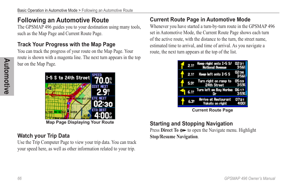Following an automotive route, Automotive | Garmin GPSMAP 496 User Manual | Page 74 / 194