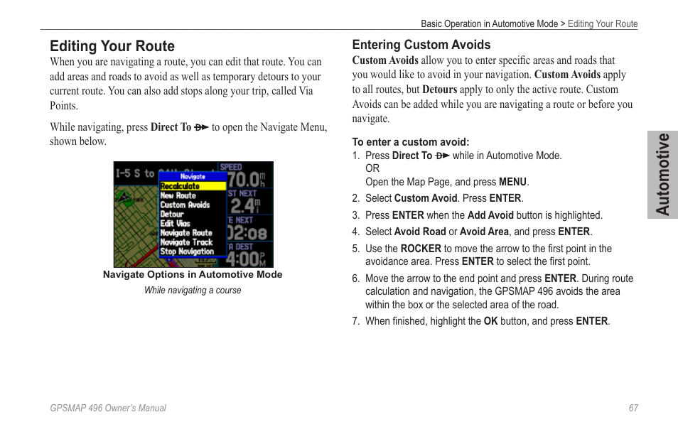 Editing your route, Automotive | Garmin GPSMAP 496 User Manual | Page 75 / 194