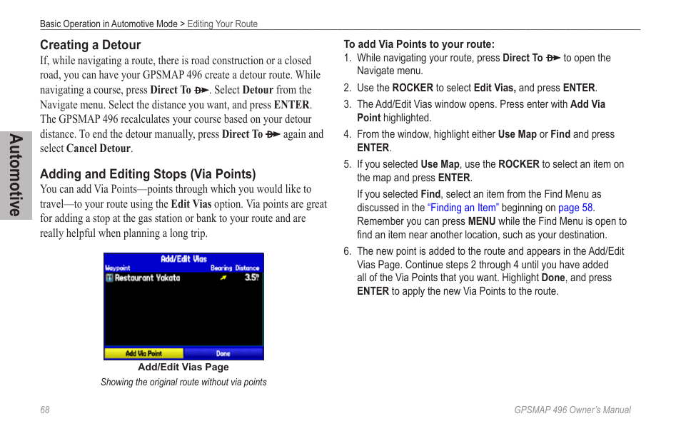 Automotive | Garmin GPSMAP 496 User Manual | Page 76 / 194