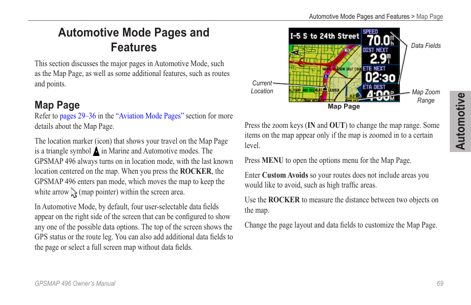 Automotive, Automotive mode pages and features, Map page | Garmin GPSMAP 496 User Manual | Page 77 / 194