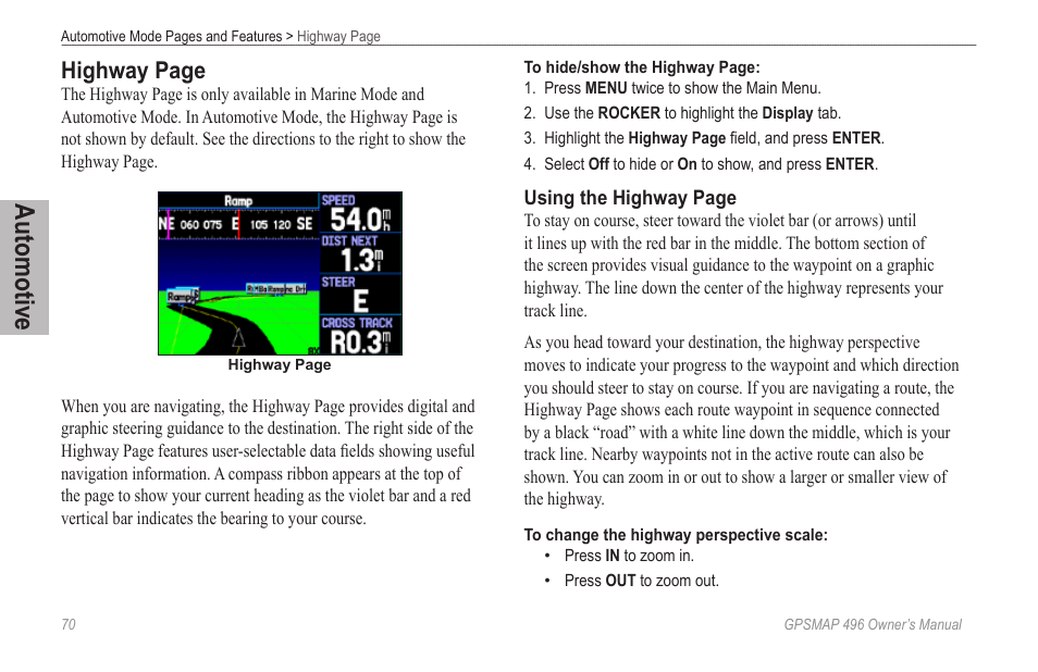 Automotive, Highway page | Garmin GPSMAP 496 User Manual | Page 78 / 194