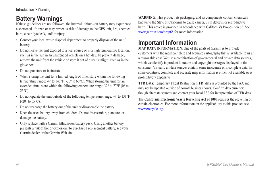 Battery warnings, Important information | Garmin GPSMAP 496 User Manual | Page 8 / 194