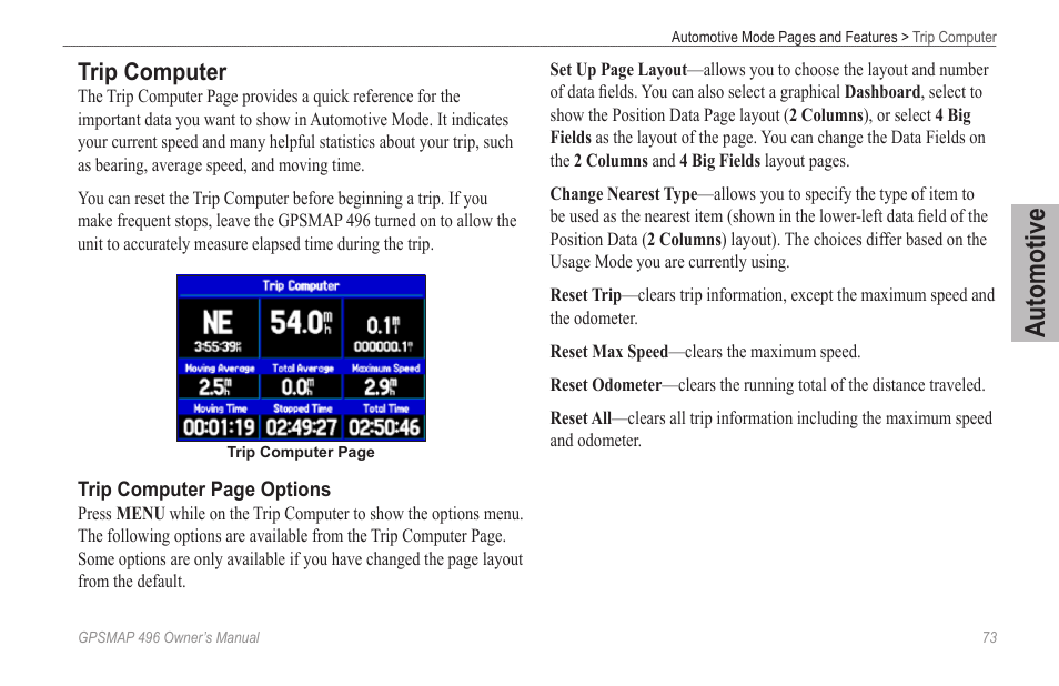 Trip computer, Automotive | Garmin GPSMAP 496 User Manual | Page 81 / 194