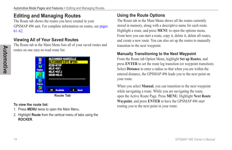 Editing and managing routes, Beginning on, Automotive | Garmin GPSMAP 496 User Manual | Page 82 / 194