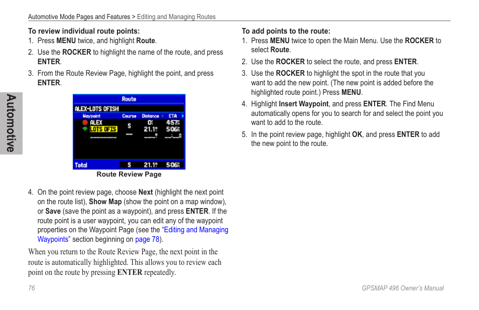 Automotive | Garmin GPSMAP 496 User Manual | Page 84 / 194