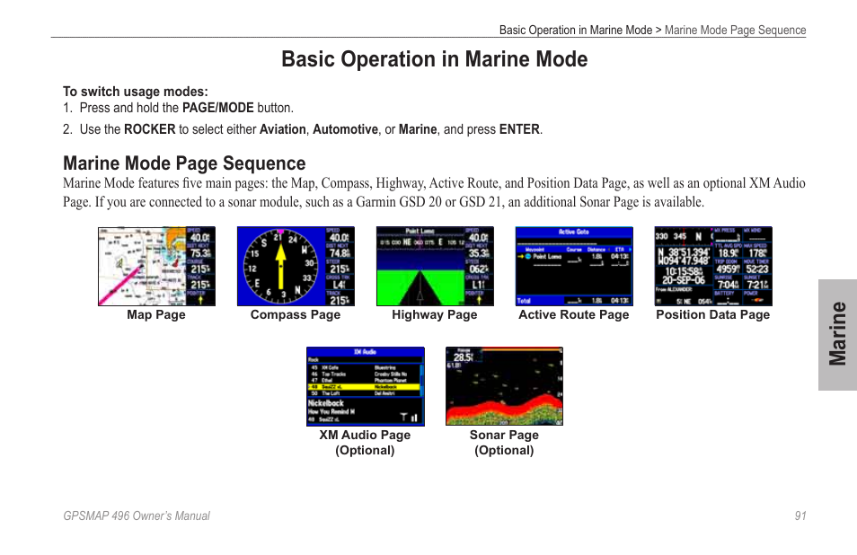 Basic operation in marine mode, Marine, Marine mode page sequence | Garmin GPSMAP 496 User Manual | Page 99 / 194