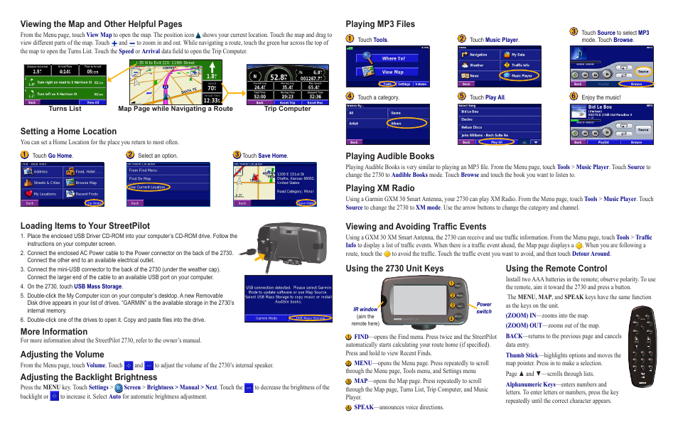 Viewing and avoiding trafﬁc events, Viewing the map and other helpful pages, Setting a home location | Playing mp3 files playing audible books, Playing xm radio, Loading items to your streetpilot, More information, Adjusting the volume, Adjusting the backlight brightness, Using the 2730 unit keys | Garmin StreetPilot 2730 User Manual | Page 2 / 2