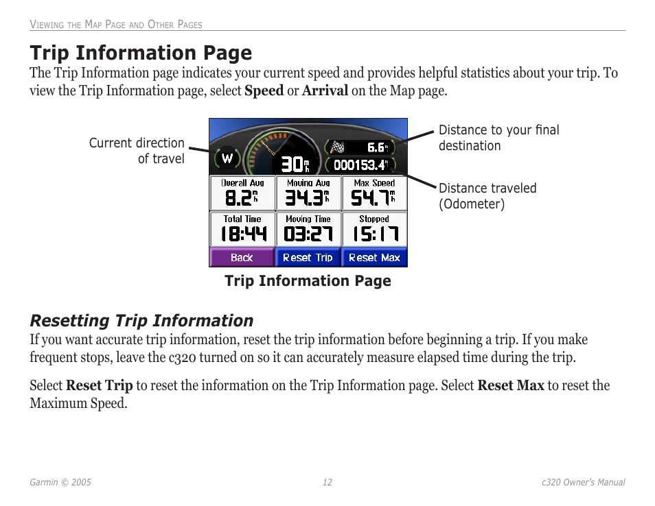 Trip information page, Resetting trip information | Garmin StreetPilot c320 User Manual | Page 16 / 37