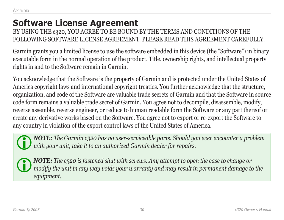 Software license agreement, Software license agreement 30 | Garmin StreetPilot c320 User Manual | Page 34 / 37