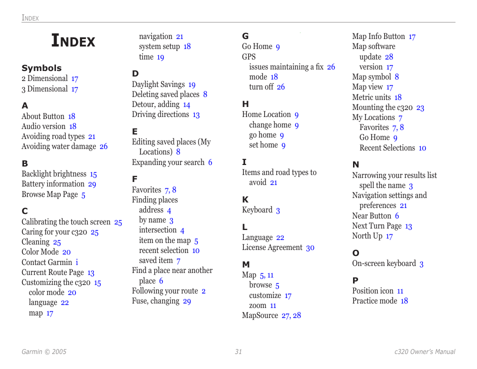 Index, Ndex | Garmin StreetPilot c320 User Manual | Page 35 / 37