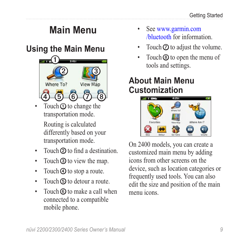 Main menu, Using the main menu, About main menu customization | About main menu, Customization | Garmin nuvi 2460LMT User Manual | Page 13 / 76