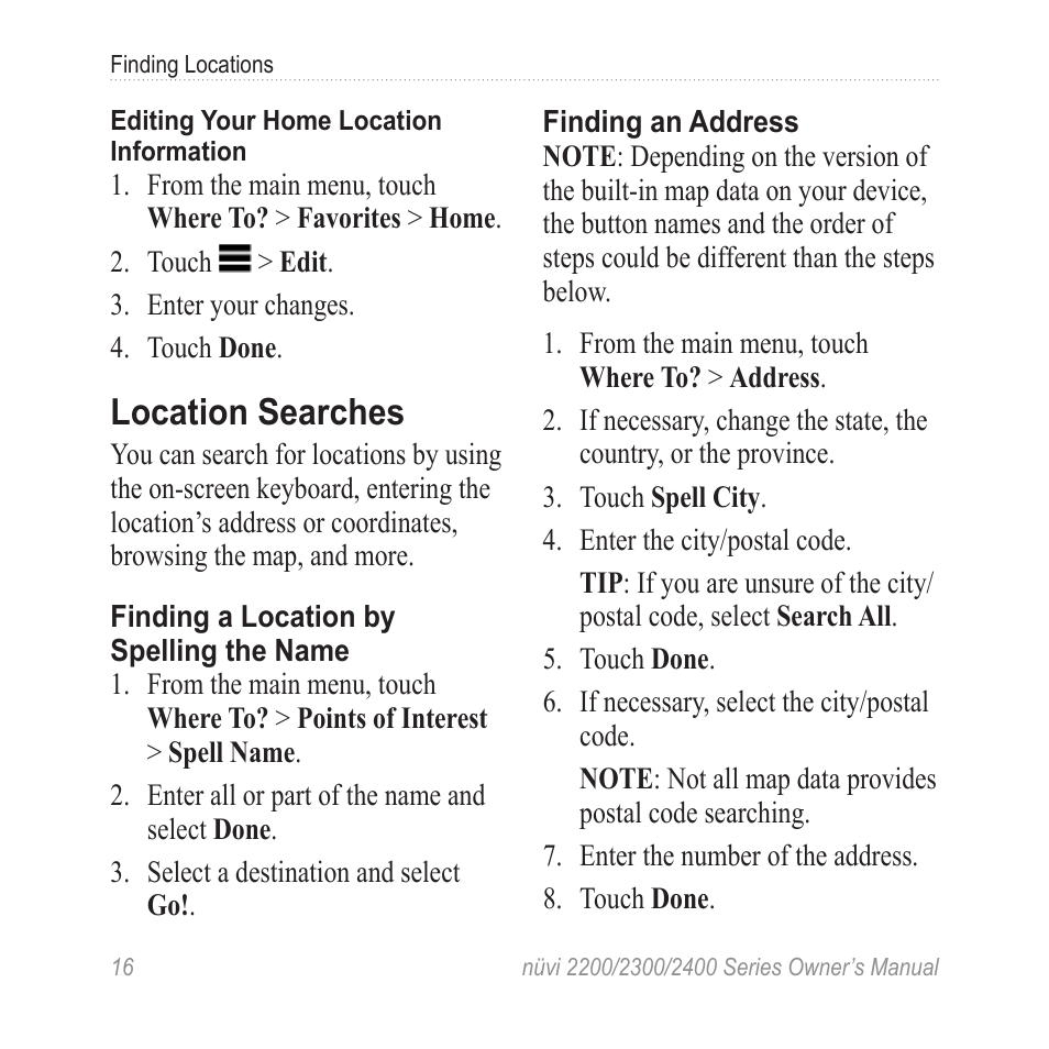 Location searches, By address | Garmin nuvi 2460LMT User Manual | Page 20 / 76