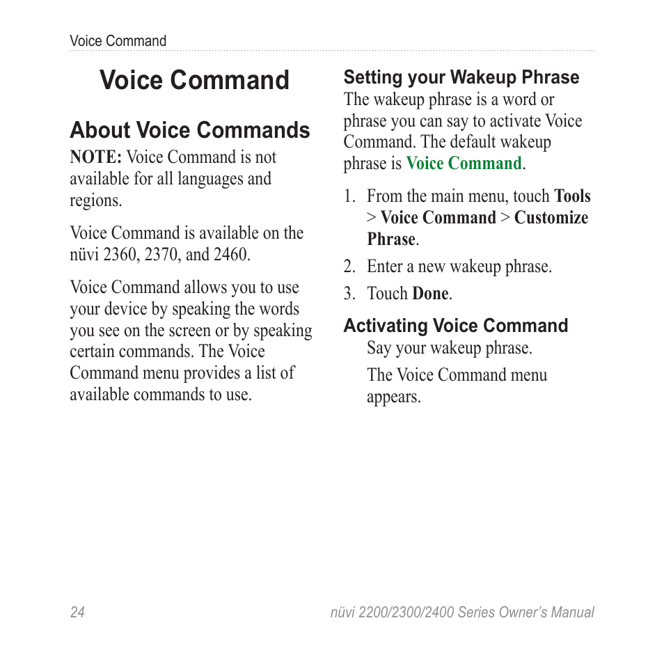 Voice command, About voice commands | Garmin nuvi 2460LMT User Manual | Page 28 / 76