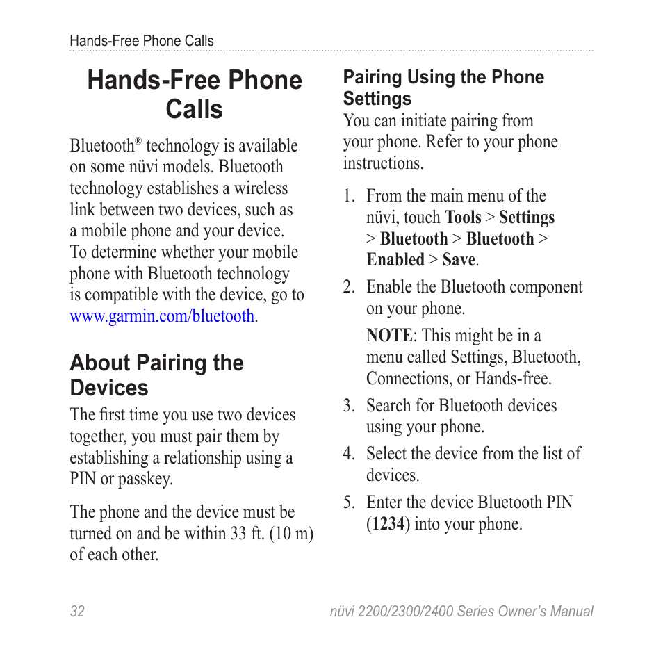 Hands-free phone calls, About pairing the devices | Garmin nuvi 2460LMT User Manual | Page 36 / 76