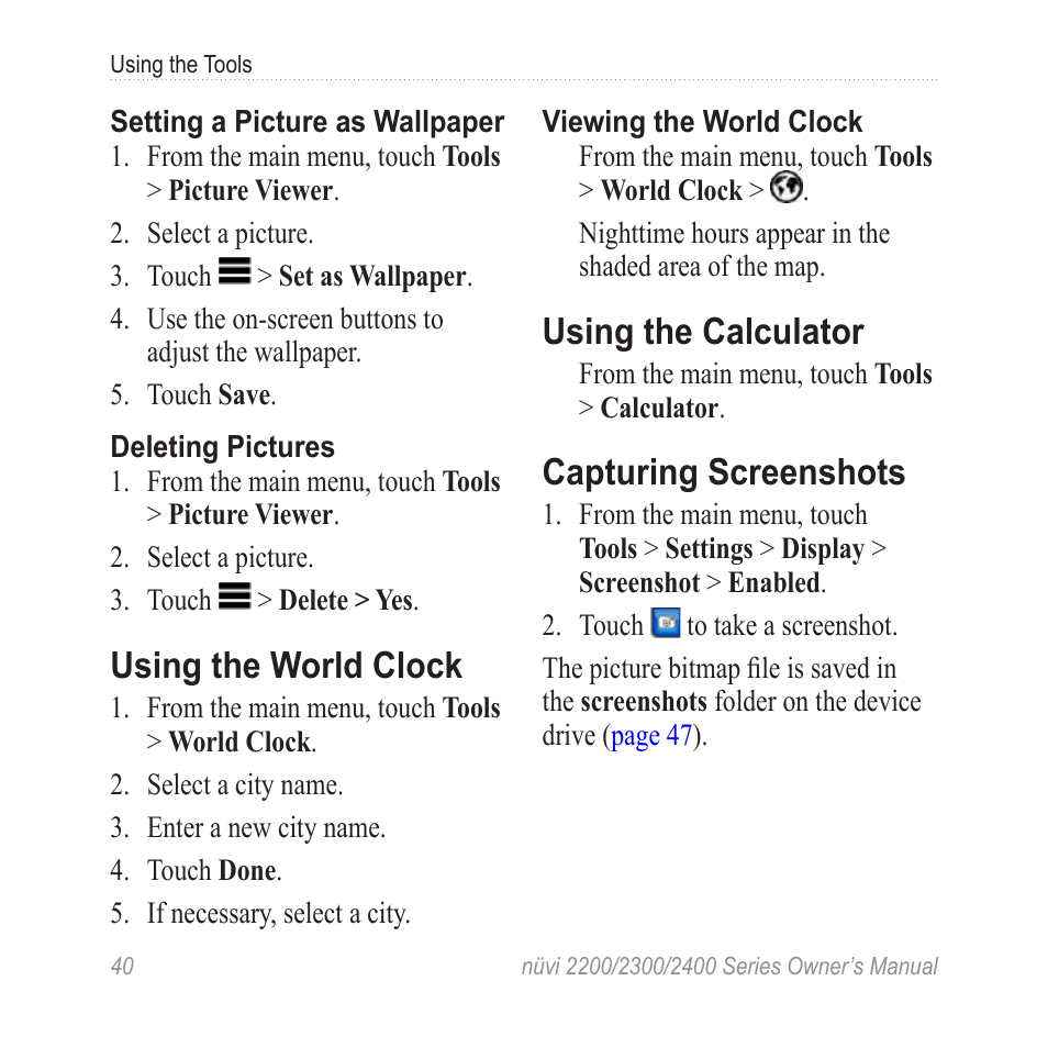 Using the world clock, Using the calculator, Capturing screenshots | Garmin nuvi 2460LMT User Manual | Page 44 / 76