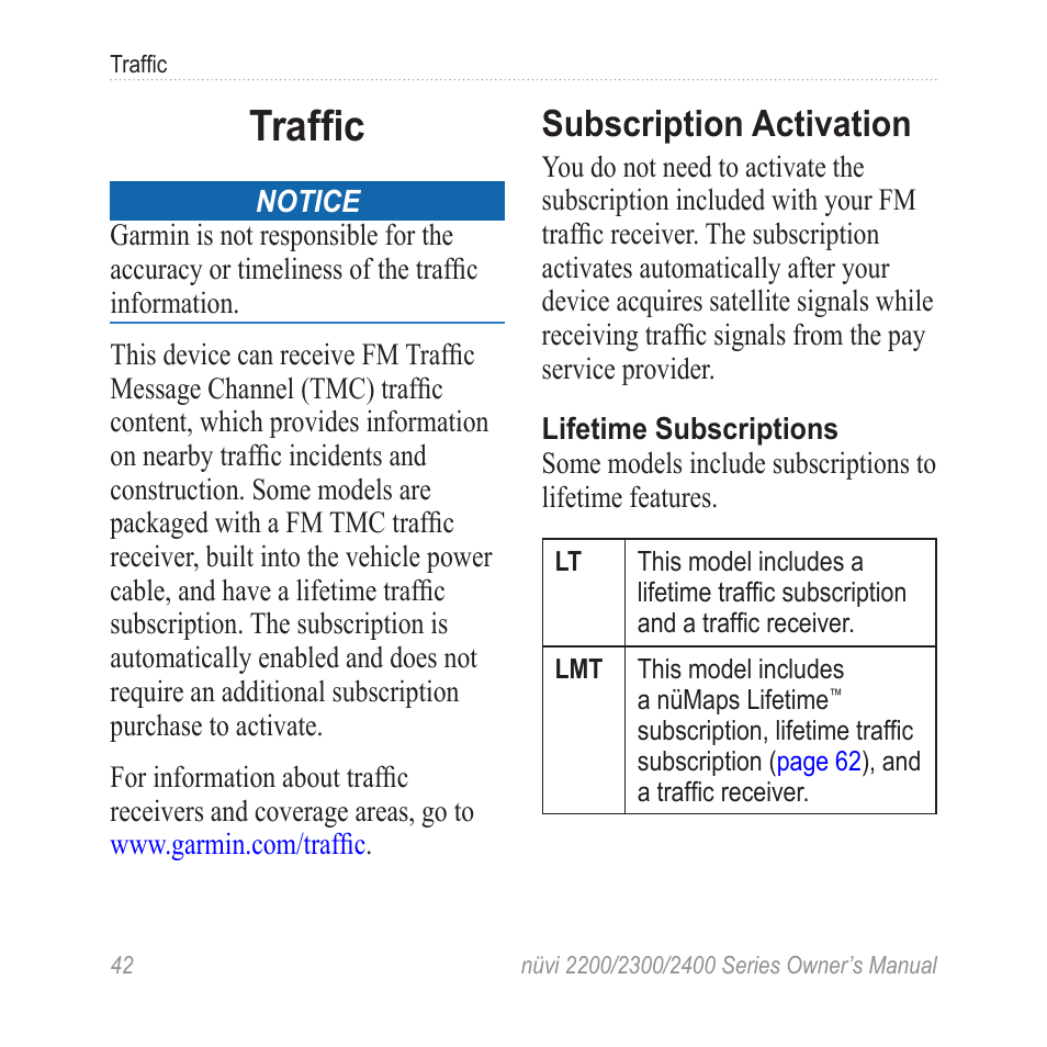 Traffic, Subscription activation | Garmin nuvi 2460LMT User Manual | Page 46 / 76