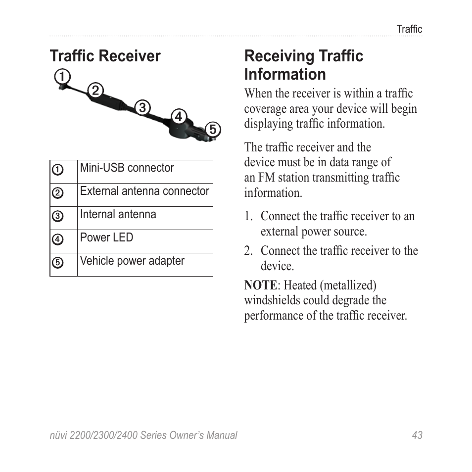 Traffic receiver, Receiving traffic information | Garmin nuvi 2460LMT User Manual | Page 47 / 76