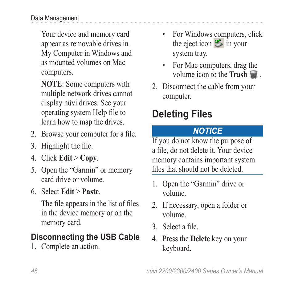 Deleting files | Garmin nuvi 2460LMT User Manual | Page 52 / 76