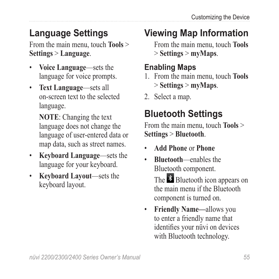 Language settings, Viewing map information, Bluetooth settings | Garmin nuvi 2460LMT User Manual | Page 59 / 76