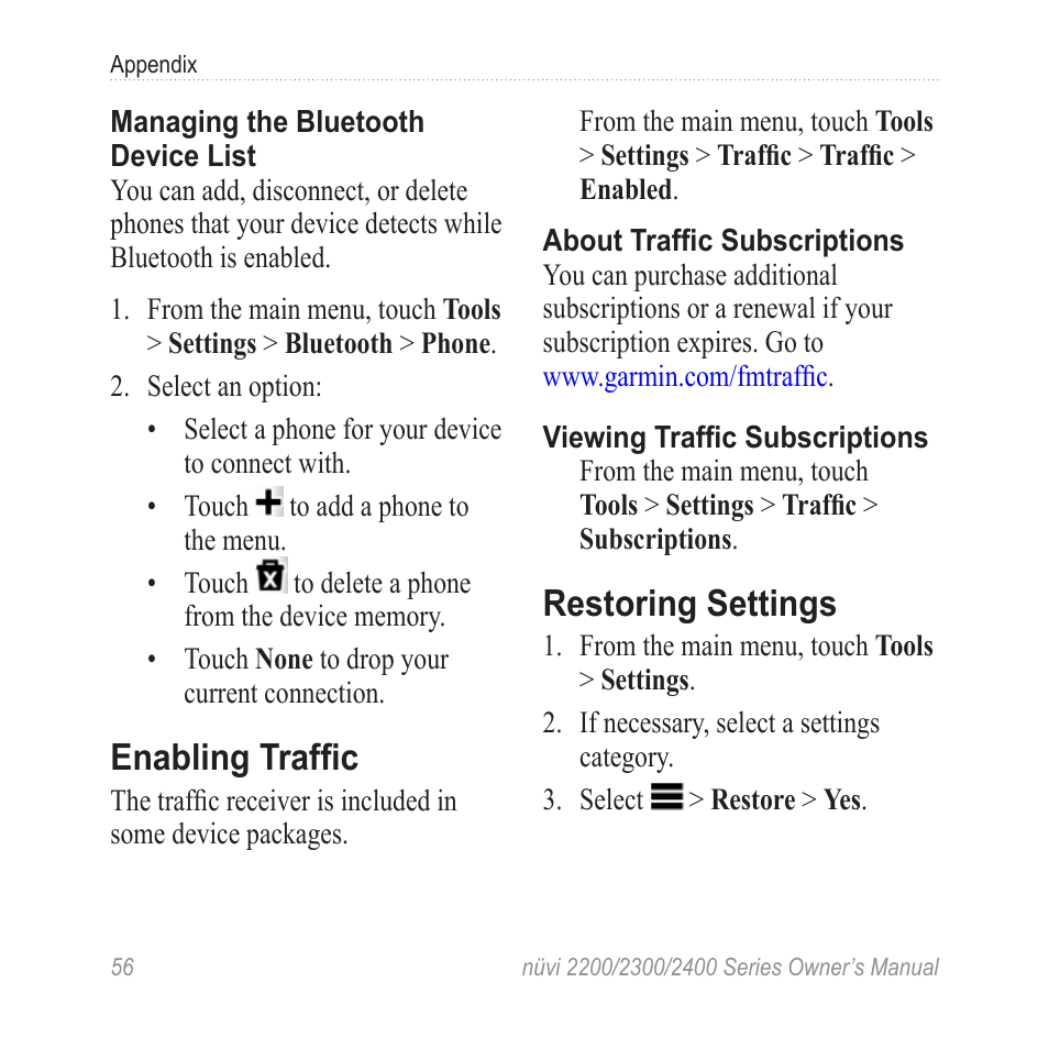 Enabling traffic, Restoring settings | Garmin nuvi 2460LMT User Manual | Page 60 / 76