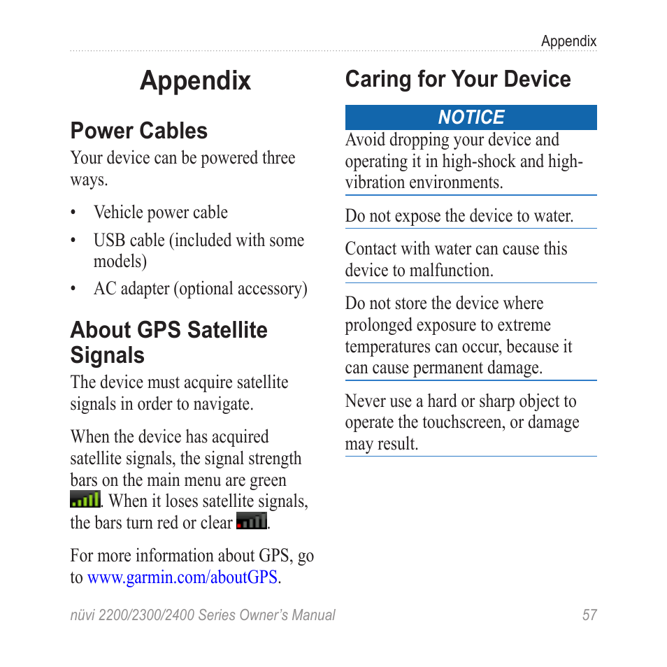 Appendix, Power cables, About gps satellite signals | Caring for your device | Garmin nuvi 2460LMT User Manual | Page 61 / 76