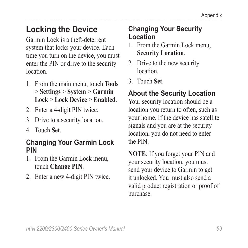 Locking the device | Garmin nuvi 2460LMT User Manual | Page 63 / 76