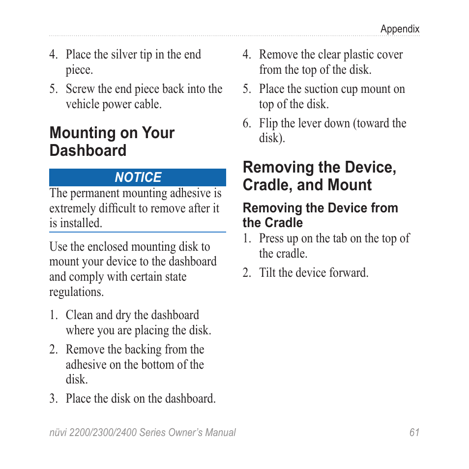 Mounting on your dashboard, Removing the device, cradle, and mount, Removing the device, cradle | And mount | Garmin nuvi 2460LMT User Manual | Page 65 / 76