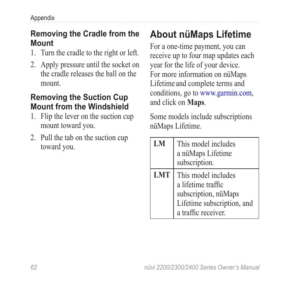 About nümaps lifetime | Garmin nuvi 2460LMT User Manual | Page 66 / 76