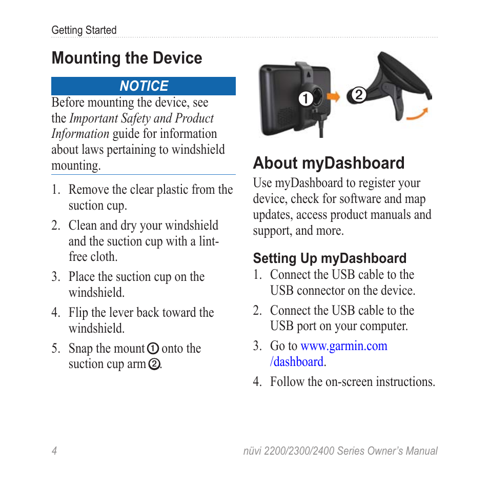 Mounting the device, About mydashboard | Garmin nuvi 2460LMT User Manual | Page 8 / 76