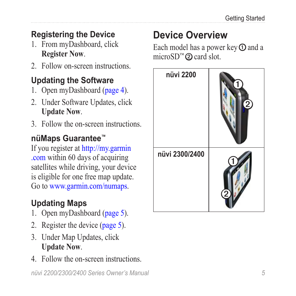 Device overview, Register the device, Software updates | Free map update | Garmin nuvi 2460LMT User Manual | Page 9 / 76