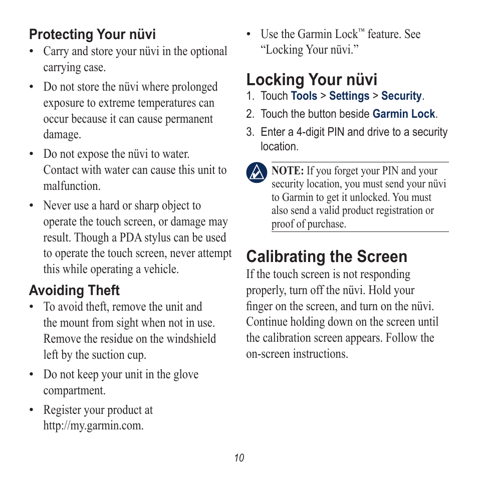 Locking your nüvi, Calibrating the screen | Garmin Nuvi 5000 User Manual | Page 10 / 12