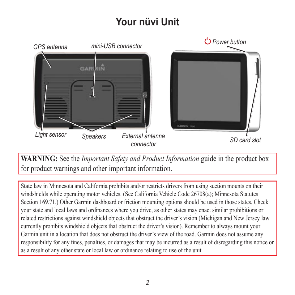 Your nüvi unit | Garmin Nuvi 5000 User Manual | Page 2 / 12