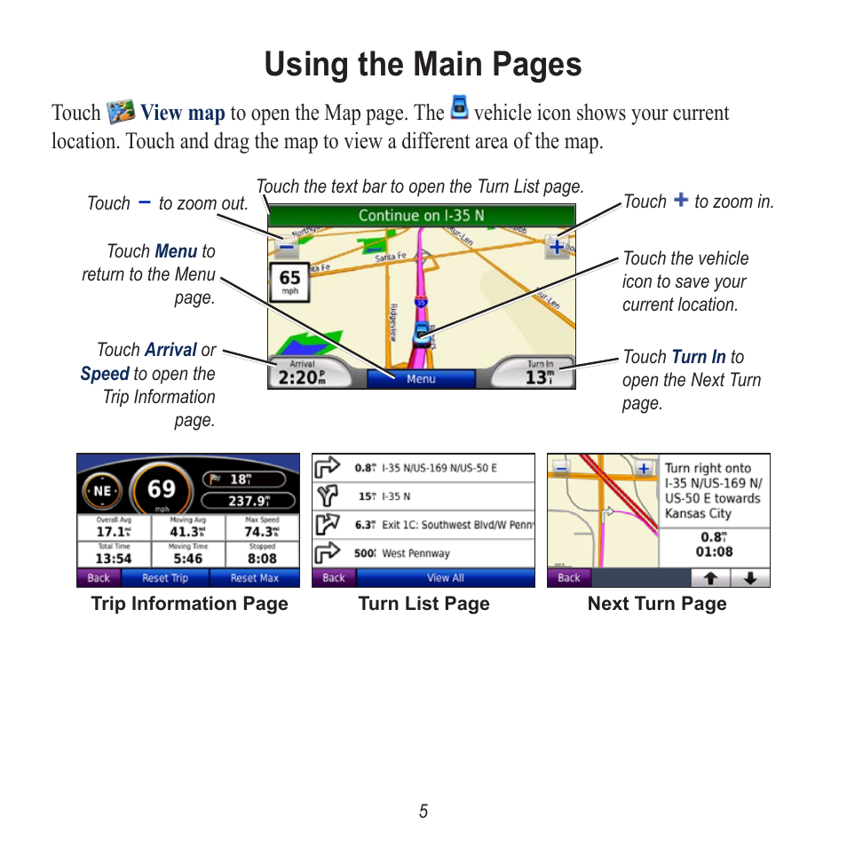 Using the main pages | Garmin Nuvi 5000 User Manual | Page 5 / 12