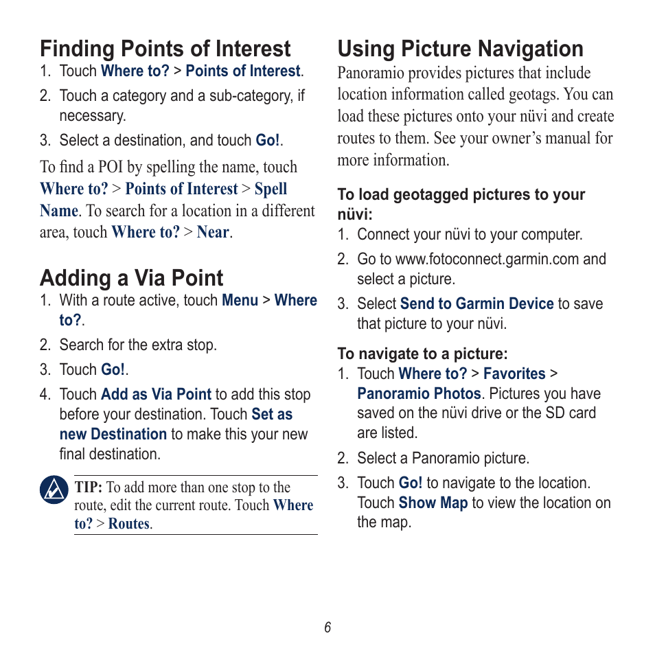 Finding points of interest, Adding a via point, Using picture navigation | Garmin Nuvi 5000 User Manual | Page 6 / 12