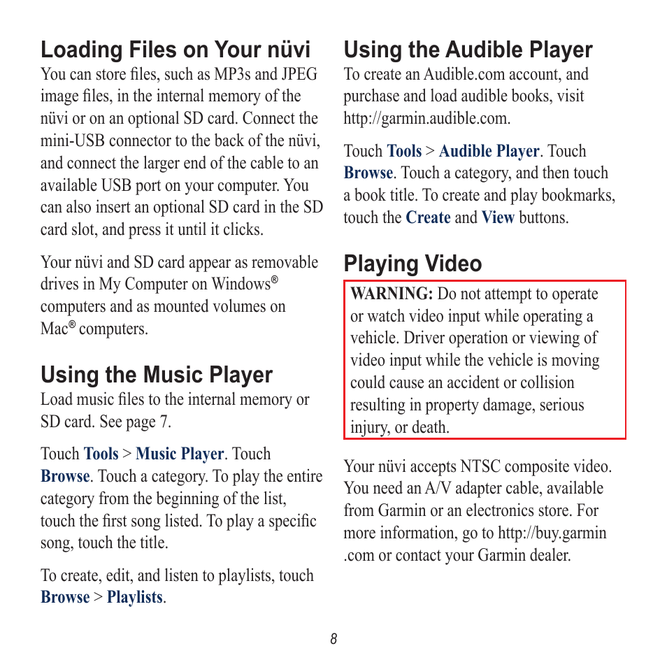 Loading files on your nüvi, Using the music player, Using the audible player | Playing video | Garmin Nuvi 5000 User Manual | Page 8 / 12
