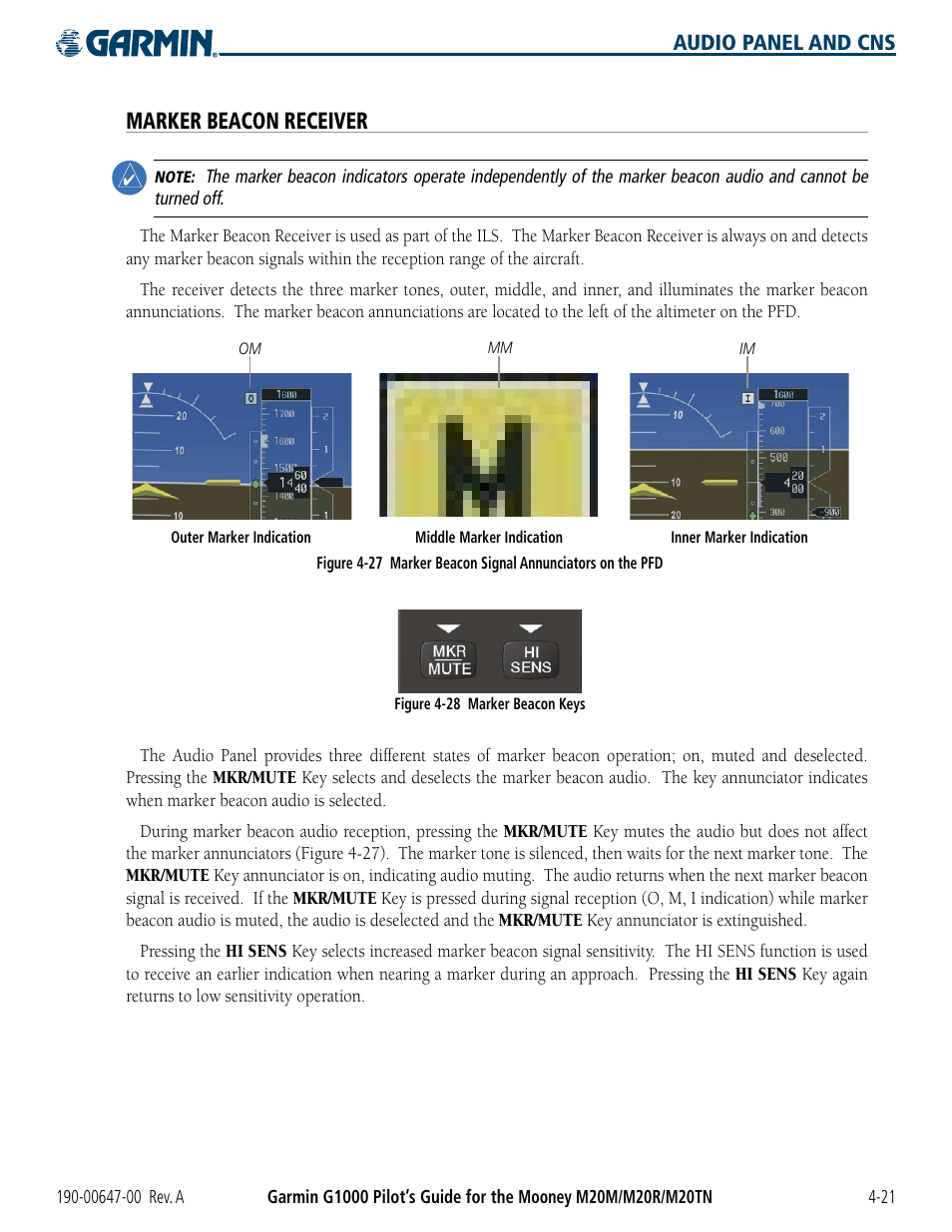 Marker beacon receiver | Garmin G1000 Mooney M20TN User Manual | Page 101 / 380