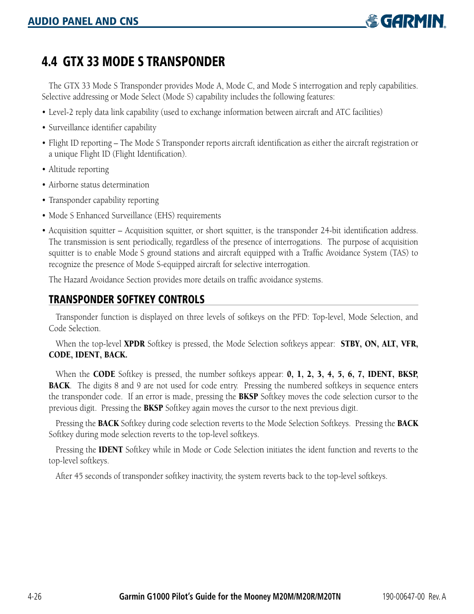 4 gtx 33 mode s transponder, Transponder softkey controls, 4 gtx 33 mode s transponder -26 | Garmin G1000 Mooney M20TN User Manual | Page 106 / 380