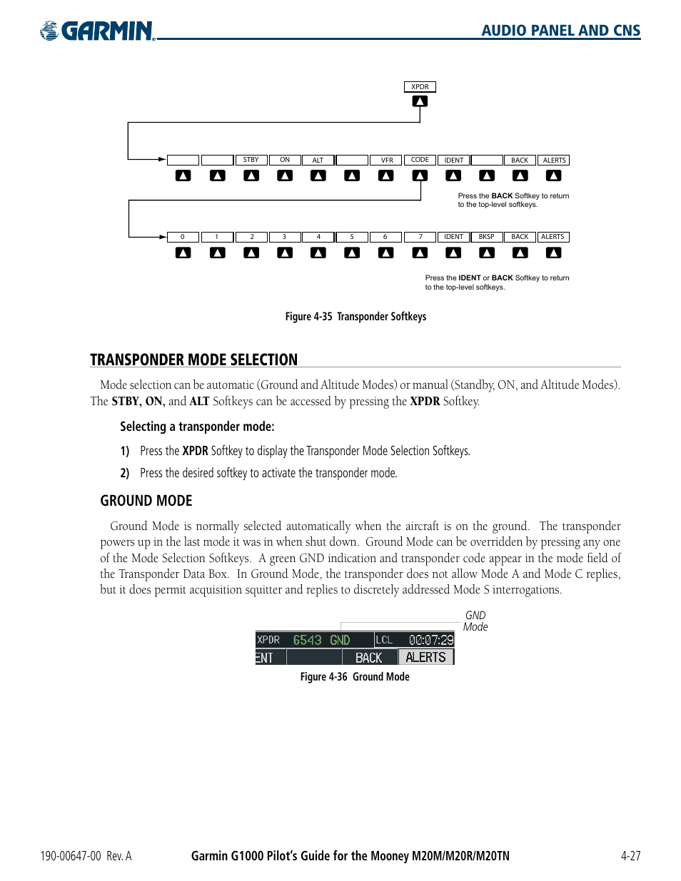 Transponder mode selection, Audio panel and cns, Ground mode | Garmin G1000 Mooney M20TN User Manual | Page 107 / 380