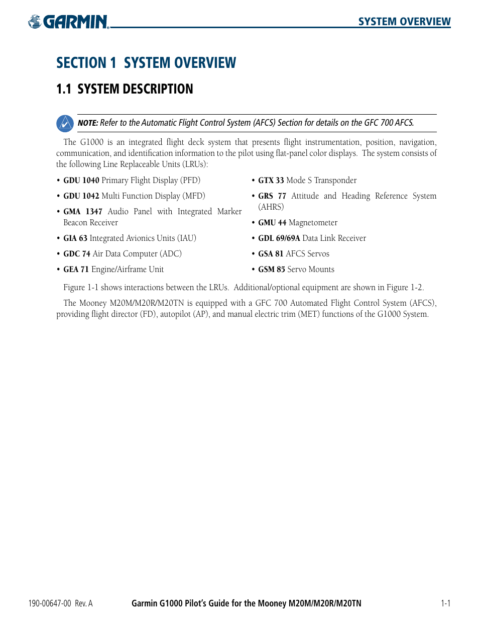 Section 1 system overview, 1 system description, 1 system description -1 | Garmin G1000 Mooney M20TN User Manual | Page 11 / 380