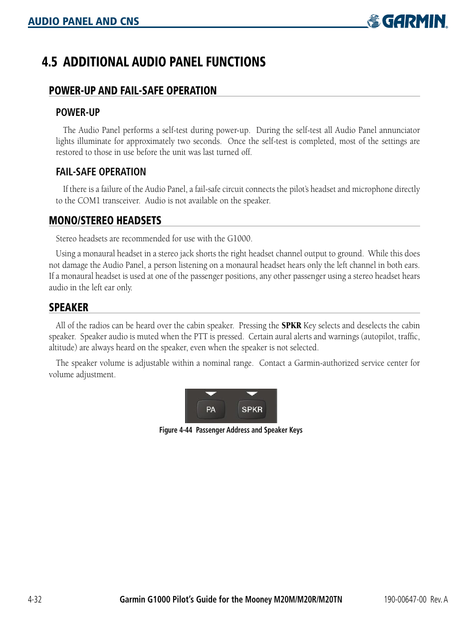 5 additional audio panel functions, Power-up and fail-safe operation, Mono/stereo headsets | Speaker, 5 additional audio panel functions -32 | Garmin G1000 Mooney M20TN User Manual | Page 112 / 380