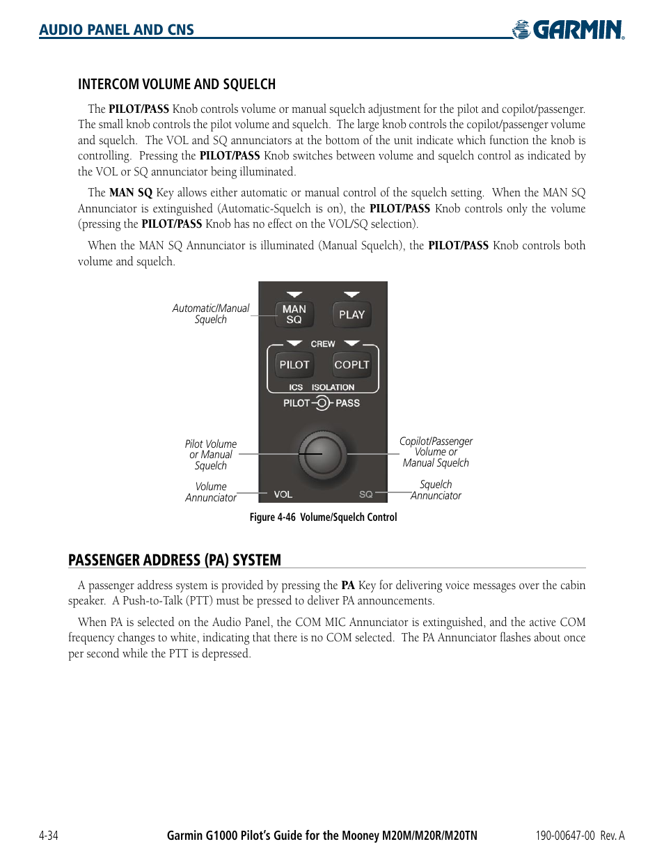 Passenger address (pa) system, Audio panel and cns intercom volume and squelch | Garmin G1000 Mooney M20TN User Manual | Page 114 / 380