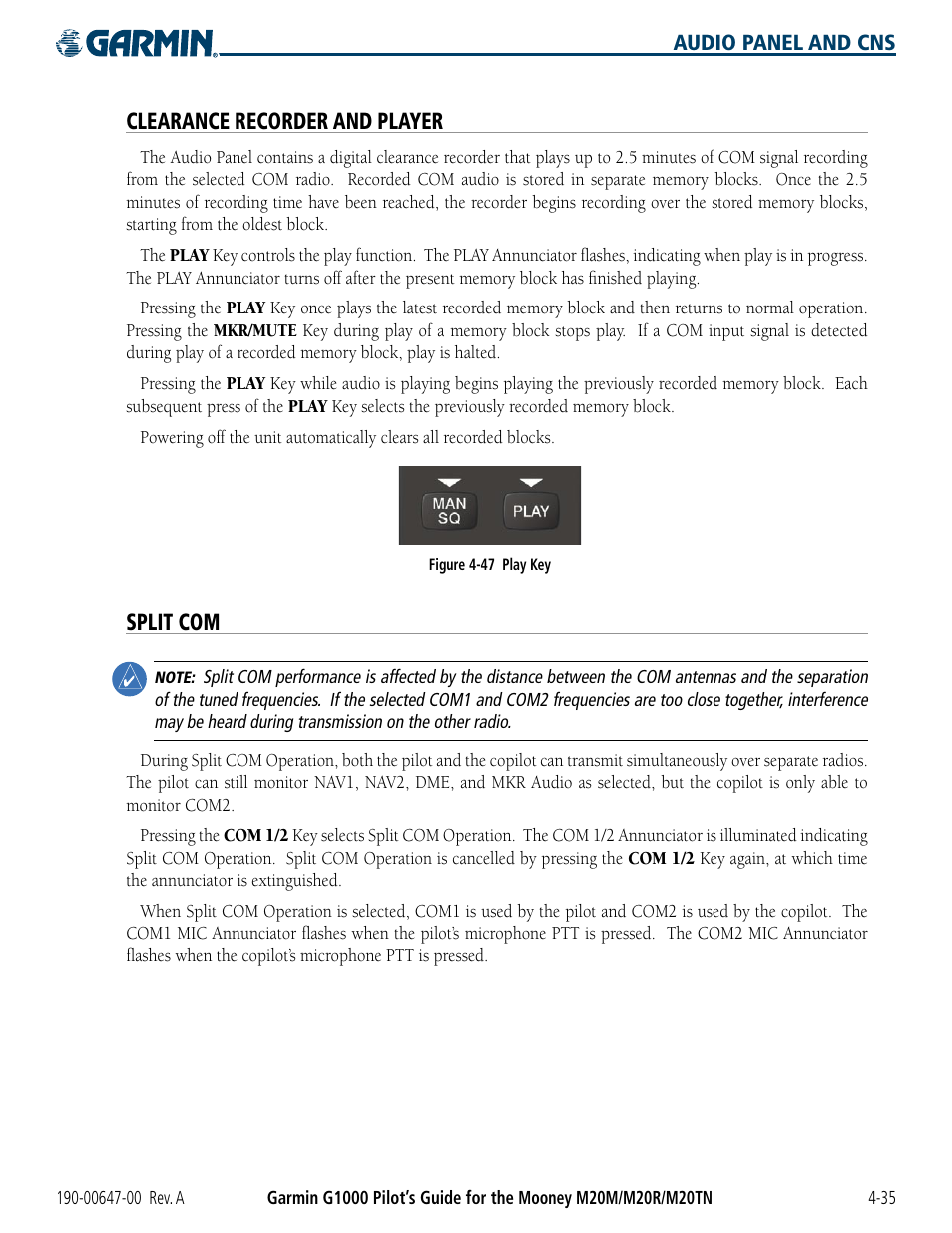 Clearance recorder and player, Split com | Garmin G1000 Mooney M20TN User Manual | Page 115 / 380