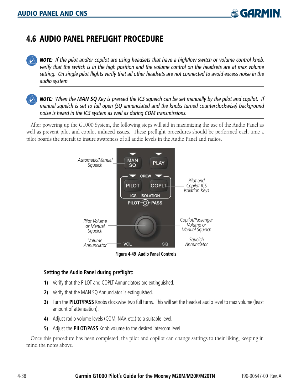 6 audio panel preflight procedure, 6 audio panel preﬂight procedure -38, Audio panel and cns | Garmin G1000 Mooney M20TN User Manual | Page 118 / 380