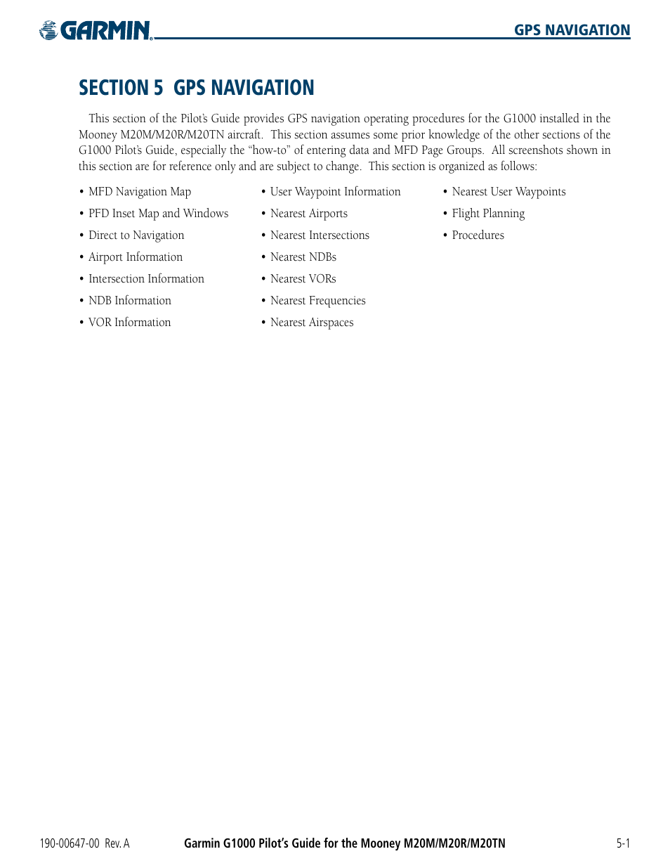 Section 5 gps navigation | Garmin G1000 Mooney M20TN User Manual | Page 119 / 380
