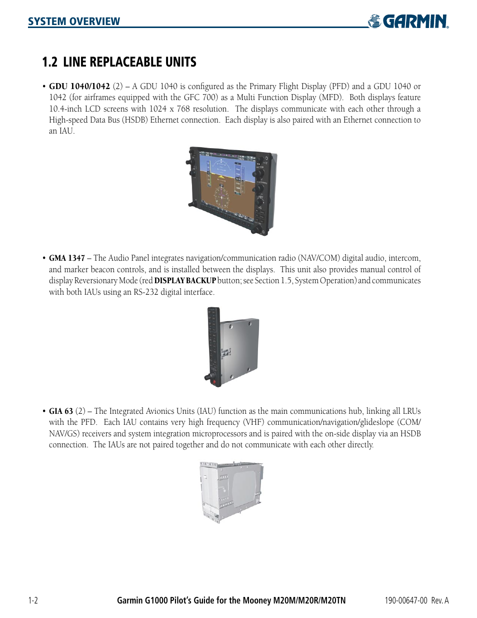 2 line replaceable units, 2 line replaceable units -2 | Garmin G1000 Mooney M20TN User Manual | Page 12 / 380