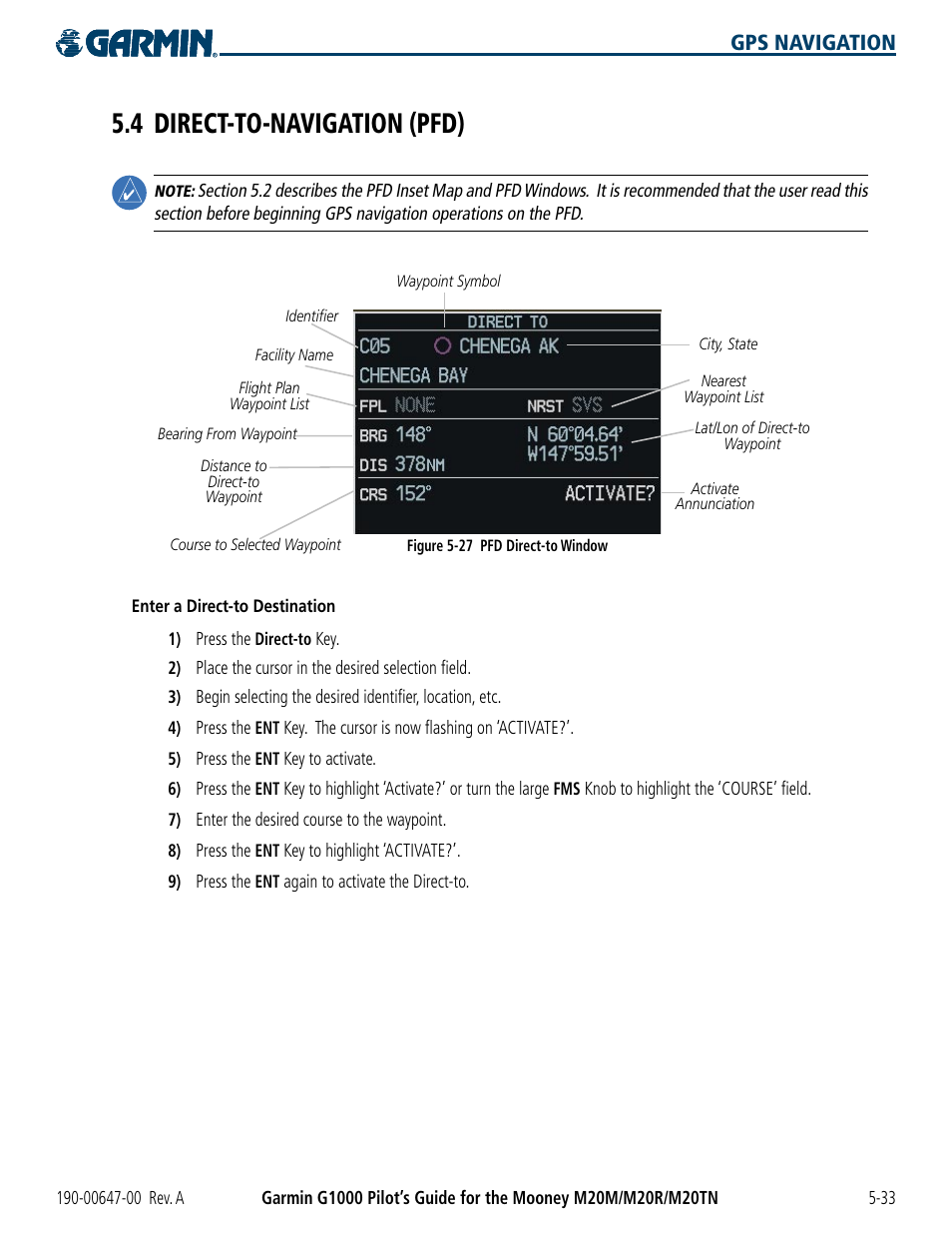 4 direct-to-navigation (pfd), 4 direct-to-navigation (pfd) -33, Gps navigation | Garmin G1000 Mooney M20TN User Manual | Page 151 / 380