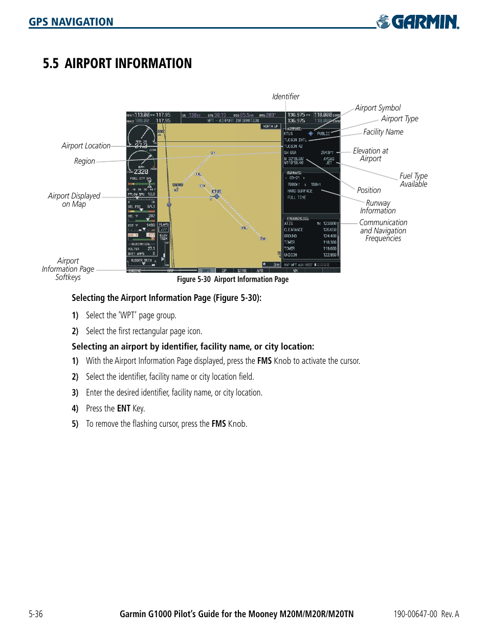 5 airport information, 5 airport information -36, Gps navigation | Garmin G1000 Mooney M20TN User Manual | Page 154 / 380
