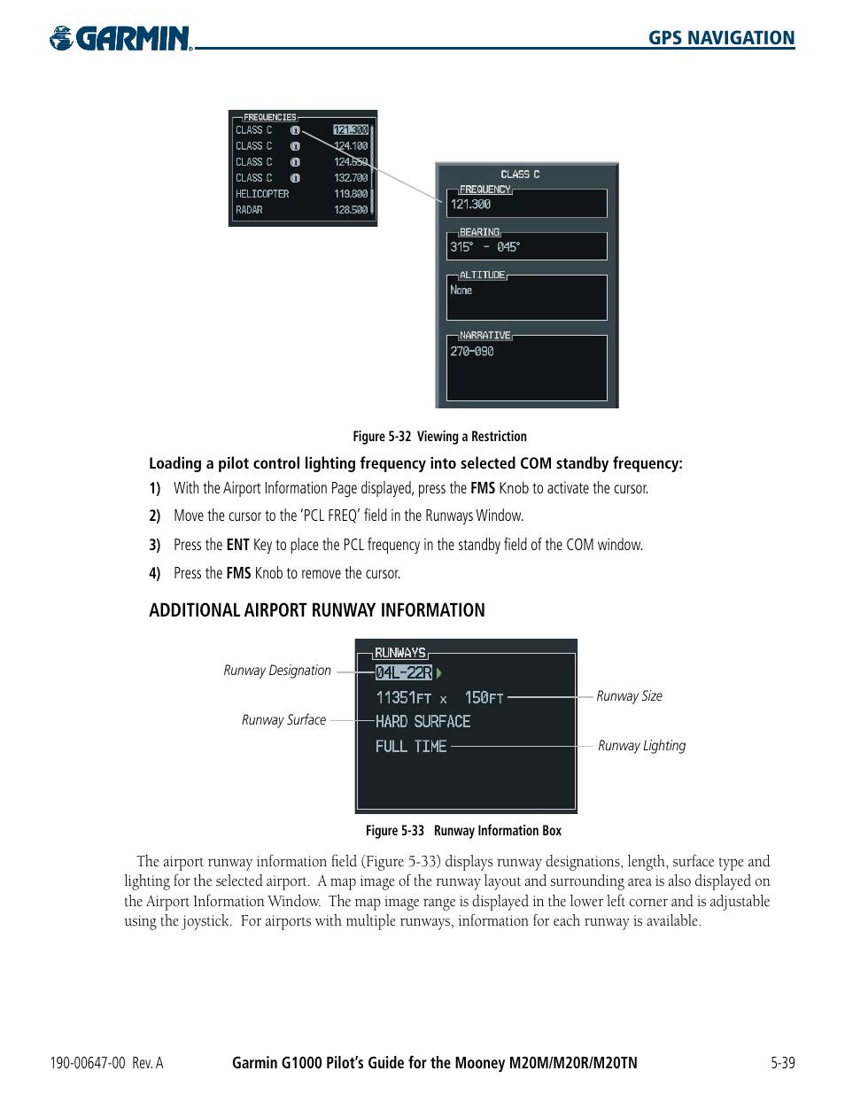 Gps navigation, Additional airport runway information | Garmin G1000 Mooney M20TN User Manual | Page 157 / 380